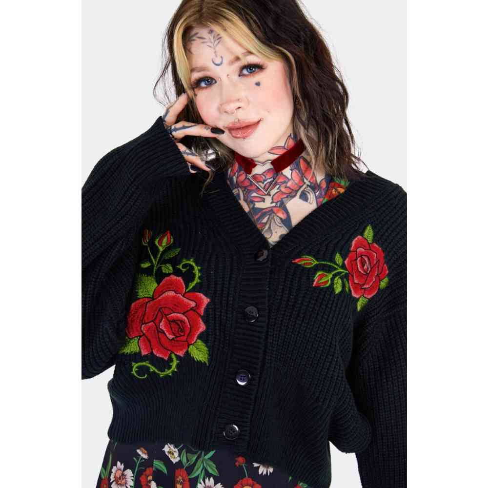 Jawbreaker - Rose Embroidered Oversized Cardigan - Zwart